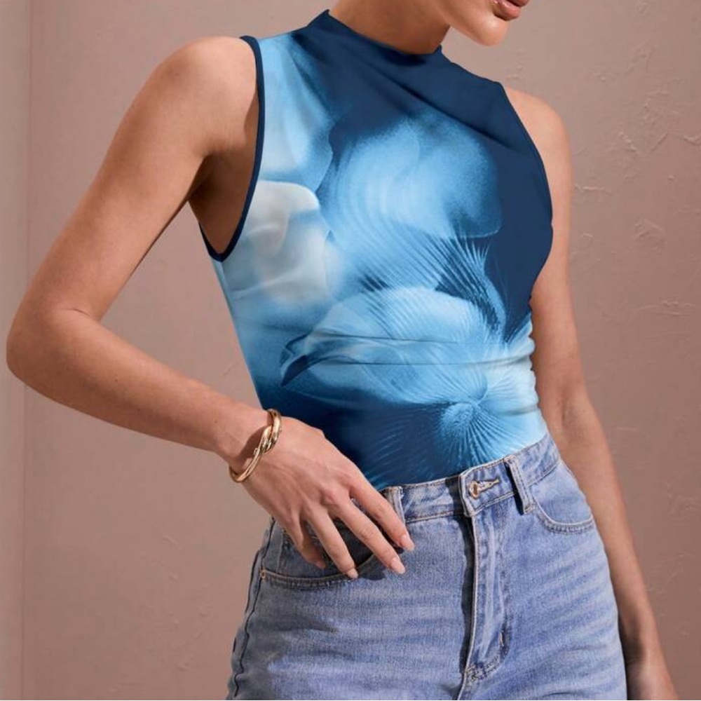 Blue Floral Sleeveless Women's bodysuit